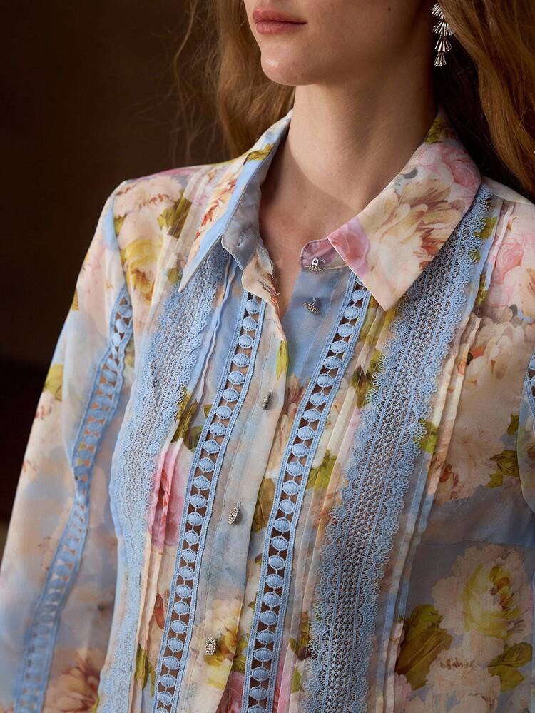 WOMEN'S FLORAL PRINT CONTRAST LACE CASUAL BLOUSE, SPRING/SUMMER