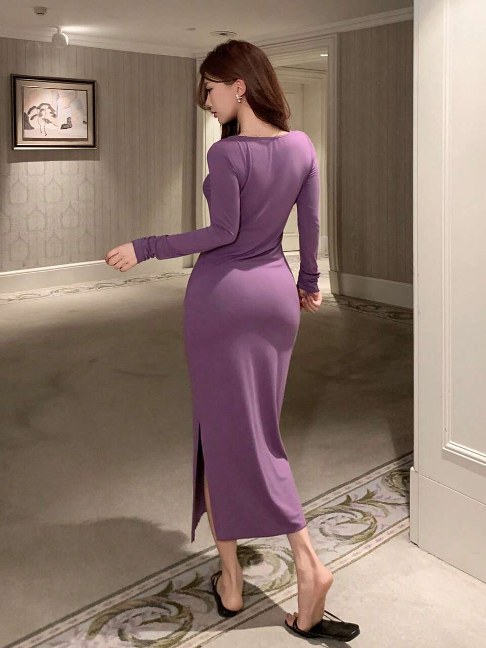 Colorful Faux Diamond Lace Patchwork V-Neck Waist Cinched Long Sleeve Dress, Spring Women's Loungewear