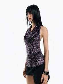 Airlisse Áo croptop nữ mùa hè bằng nhung in họa tiết da báo, kiểu yếm, không tay, buộc dây cổ, thích hợp mặc sau lưng. - Nhiều màu - Xem 7