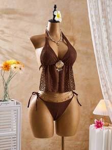 Bellisia Women's White Summer Bohemian Sexy Beach Golf Vacation Halter Neck Tie Metal Shell Decor Textured Fabric Tankini Bikini Set With Cover Up - Coffee Brown - View 4