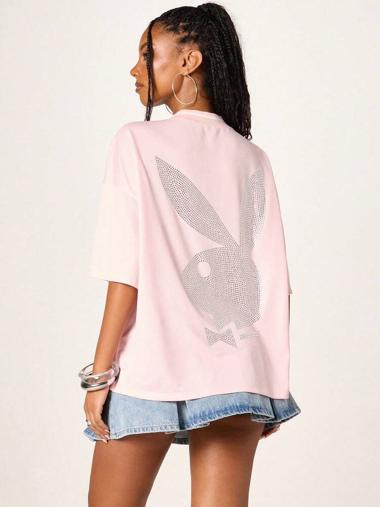 Missguided x Playboy Women's Diamante Rhinestone Graphic Oversized Pink Jersey T Shirt With Crew Neck And Short Sleeves Casual Streetwear Top