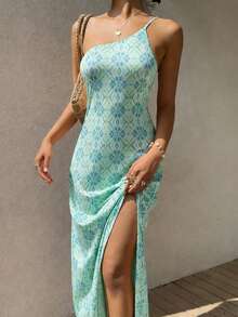 Vivid Eden Vacation Halter High Slit Bohemian Style Multicolor Print Women Dress, Green Beach Pool Sundress, Italian Summer - Aqua Blue - View 3