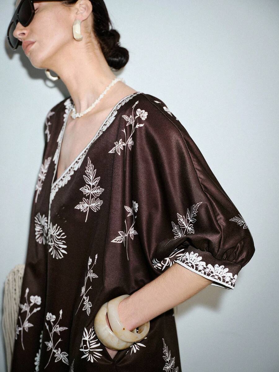 Lumivelle Vestido holgado de mujer con cuello en V, manga corta y estampado, con bolsillos, para primavera/verano - Marrón - Ver 1