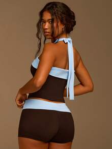 Athîral 女士休闲度假露肩吊带撞色无袖上衣和短裤两件套，春夏款 - 彩色 - 查看 2