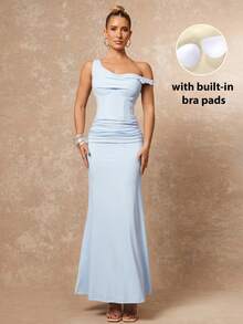 Lumalex 简约复古闪亮假日派对感恩节装扮狂欢节郊游游泳度假波西米亚风海滩热门户外层次丰富的婚礼季宴会成人礼海滩海边女士纯色浅蓝色不对称领口内置胸垫收腰连衣裙单肩连衣裙长款紧身连衣裙优雅连衣裙,秋季婚礼宾客连衣裙,夏季连衣裙,优雅连衣裙 - 淺藍色 - 查看 4