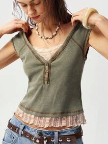 Bohemela Casual Knit Contrast Lace Slim Fit Women T-Shirt - Multicolor - View 1