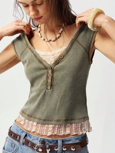 Bohemela Casual Knit Contrast Lace Slim Fit Women T-Shirt