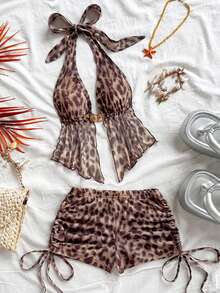 Soleia Women's Leopard Print Halter Tie-Up Metal Decor Ruffle Hem Top And Shorts Casual Vacation 2-Piece Set - Multicolor - View 1