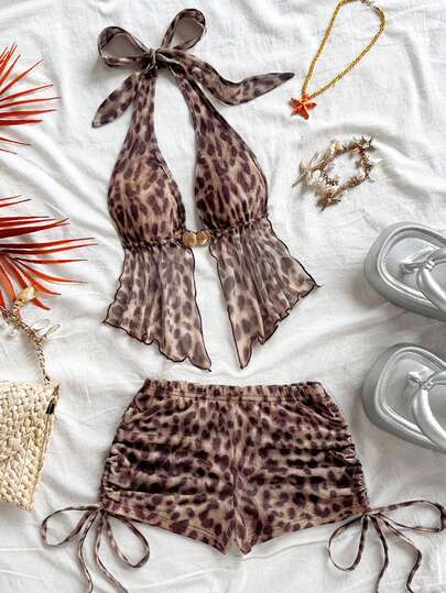 Soleia Women's Leopard Print Halter Tie-Up Metal Decor Ruffle Hem Top And Shorts Casual Vacation 2-Piece Set
