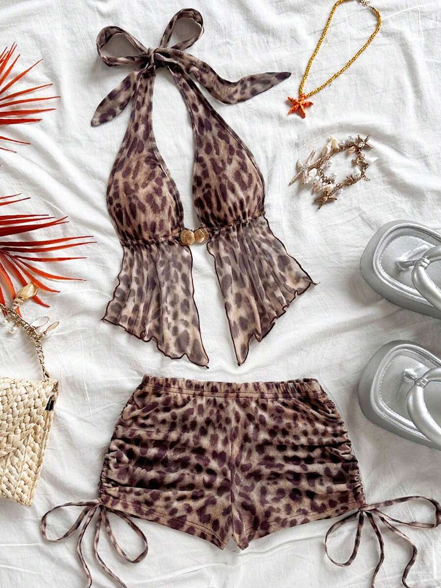 Soleia Women's Leopard Print Halter Tie-Up Metal Decor Ruffle Hem Top And Shorts Casual Vacation 2-Piece Set - Multicolor - View 1