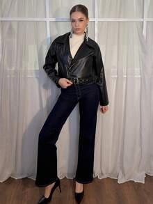 Aless PB 前拉链系腰带细节机车夹克，女士深秋休闲系腰带、口袋、拉链常规袖领常规版型黑色聚氨酯纯色女士夹克，休闲日常穿着 - 黑色 - 查看 1