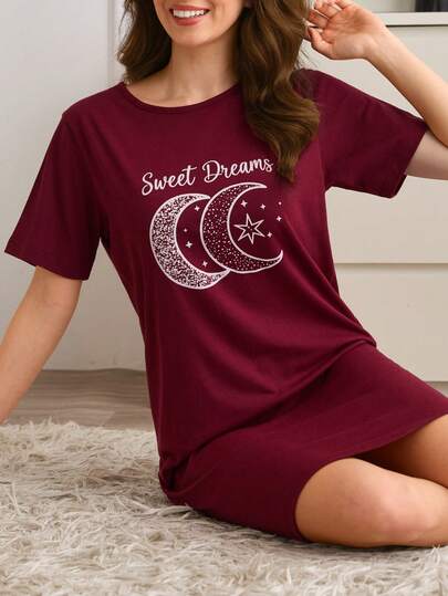 SHEIN Sweet Cute Slogan Graphic Night Dress – Ultra Soft Breathable Short Sleeve Sleep Tee Dress | Cozy Casual Lounge Nightwear | Comfy Homewear | Spring Summer Sleepwear