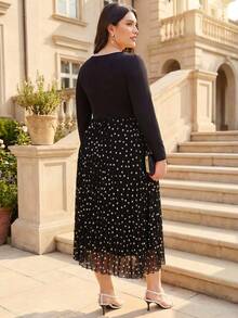 ELLERISSA Plus Size Elegant Polka Dot Print Pleated Midi Dress For Women, Soft Fitted Top Long Sleeves And Pleated Skirt, Dress For Office Wear Or Commuting, Formal Dress, Date Night Dress, Autumn/Winter Women Dress - Multicolor - View 2