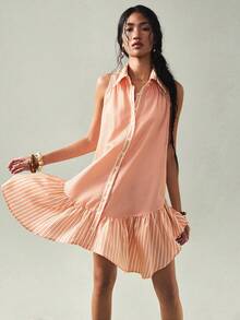 SoleilVie 女士条纹无袖不对称荷叶边下摆优雅短裙 - 橘色 - 查看 4