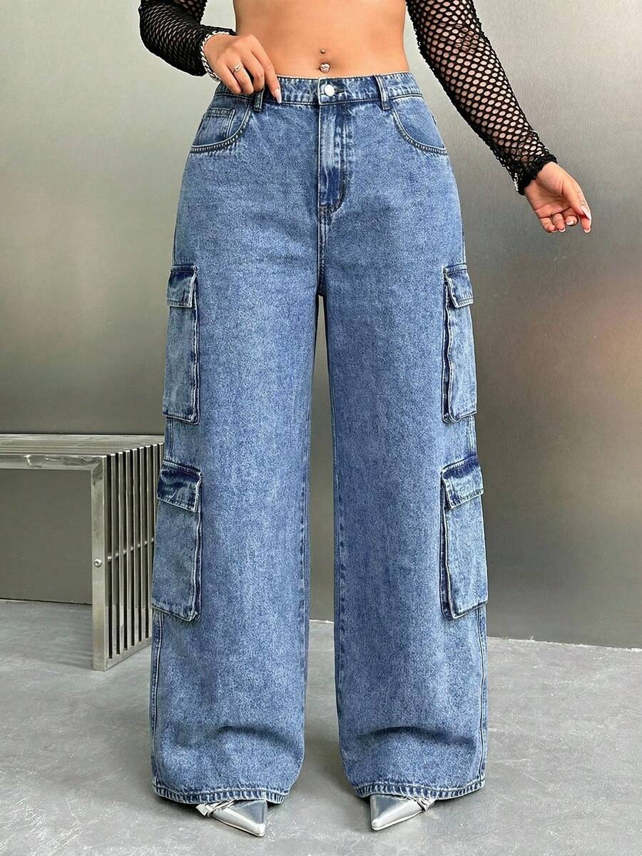 SHEIN EZwear 大码休闲水洗直筒工装牛仔裤 - 中等水洗藍 - 查看 1
