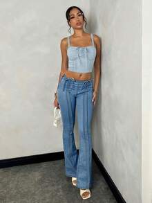 SHEIN BAE Women's Drawstring Waist Flared Casual Versatile Denim Jeans - Medium Wash - View 6