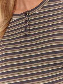 MUSERA 条纹落肩宽松长袖纽扣领上衣，可爱酷女孩舒适秋季日常清新女孩休闲田园风复古奶油糖色优雅春夏假日风 - 彩色 - 查看 6