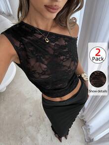 Siren Gaze Women's Floral Lace Asymmetric Neck Top And Pleated Midi Skirt 2-Piece Set Black Sexy Top Black Lace Top Black See Through Top Cute Black Top Black Sexy Tops Black Mesh Top One Shoulder Top Lace Crop Top Summer Crop Tops Set 2 Piece Set Women Crop Top Sets See Through Tops Crop Top Pack Lace 2 Piece Set - Black - View 1