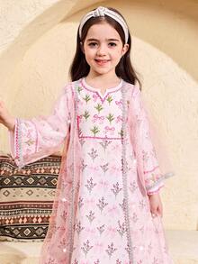 SHEIN 少女优雅奢华长裙，黑金配色，搭配金色缎带网纱开衫，两件套 - 藍色 - 查看 6