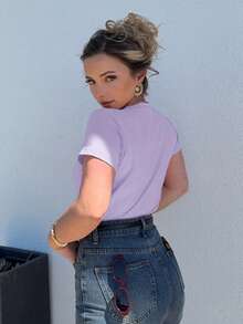 Jeta Ari Simple Solid Color Embroidered Heart Short Sleeve Women T-Shirt Summer,Business Casual Women - Violet Purple - View 3
