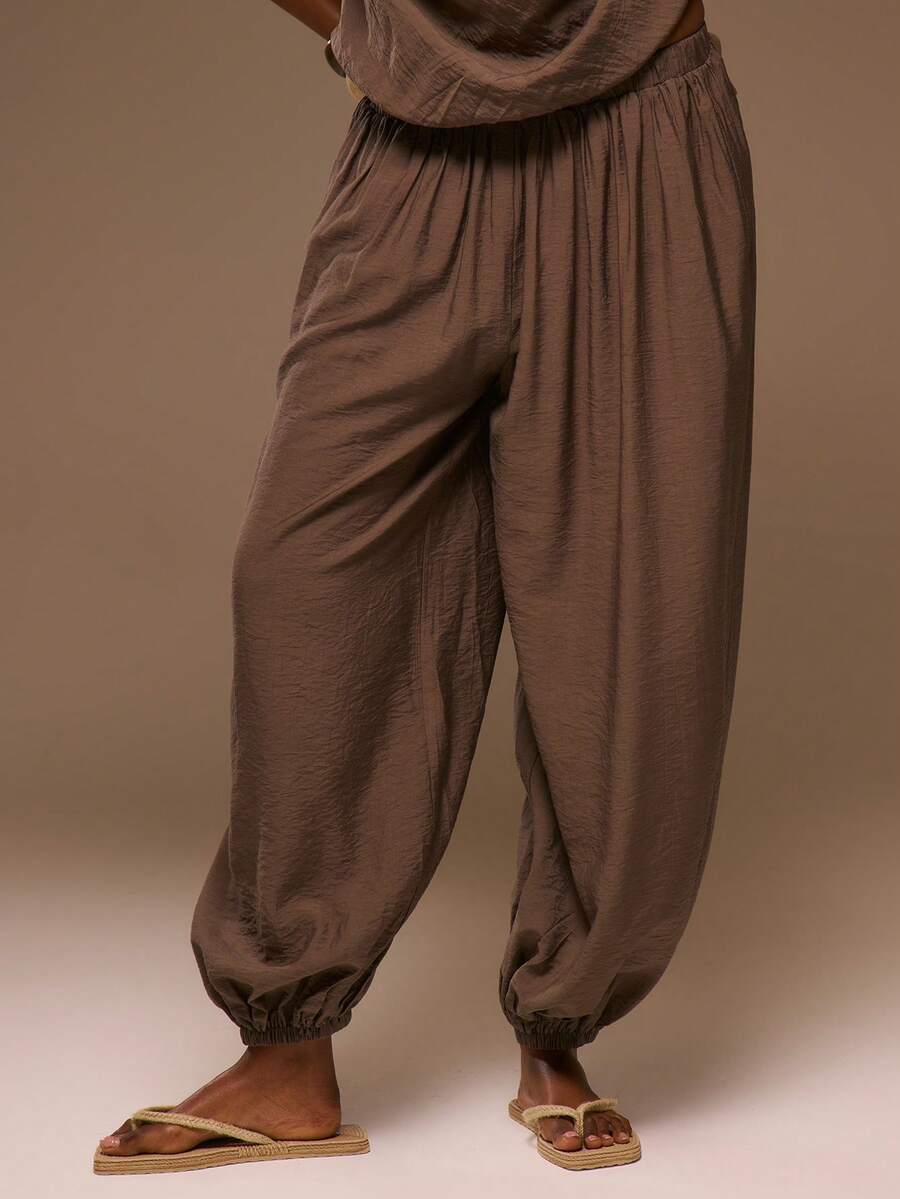 MUSERA Quần ống rộng xếp ly cạp trung bình, gấu quần xắn lên, thích hợp cho kỳ nghỉ xuân hè, đi biển, phong cách thanh lịch, lễ hội Ibiza, kỳ nghỉ, Tajine. - Cà phê nâu - Xem 1