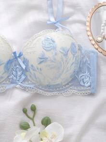 1件套薄纱刺绣网纱吊带睡裙套装，带衬垫罩杯和钢圈，夏季度假睡衣，粉色 - 藍白色 - 查看 5