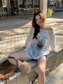 DAZY Women's Oblique Shoulder Korean Style Mesh Long Sleeve Printed Blouse - White - View 4