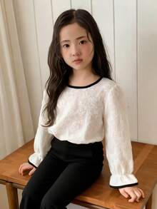 DAZY Young Girls Textured Floral Casual Colorblock Round Neck Long Sleeve Shirt, Spring/Autumn - White - View 6