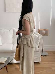 DAZY Women's Casual Vacation & Commute Bat Wing Pleated Waist Top And Wide Leg Pants 2 Pieces Set, Spring/Summer/Autumn - Khaki - View 2