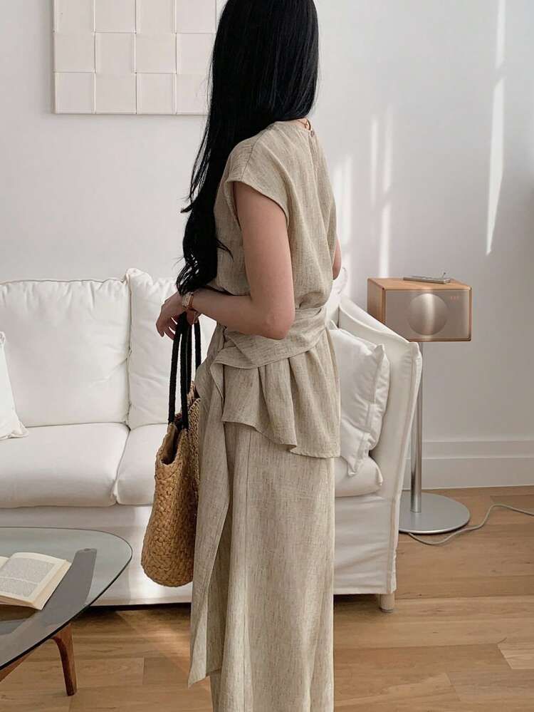 Women's Casual Vacation & Commute Bat Wing Pleated Waist Top And Wide Leg Pants 2 Pieces Set, Spring/Summer/Autumn