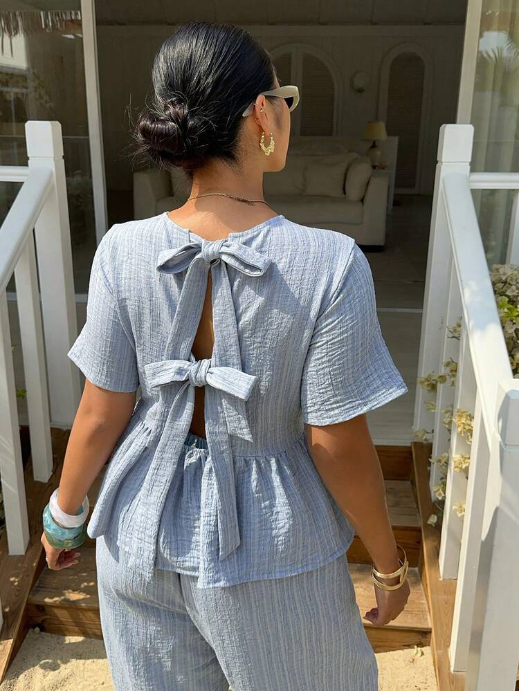 Dazy Plus Plus Size Solid Striped Bow Tie Back Loose Hem Top And Wide Leg Pants 2 Piece Set Lounge Sets For Women