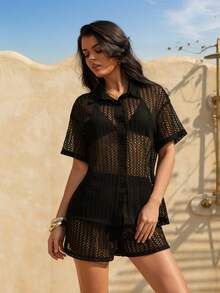 Swim Chiccia Women's Short Sleeve Shirt And Shorts 2-Piece Set, Beach Wear, Hollow Out Mesh Casual Holiday Cover-Up, Black Cover Up Swimsuit, Crochet Swim Cover Up - Black - View 4