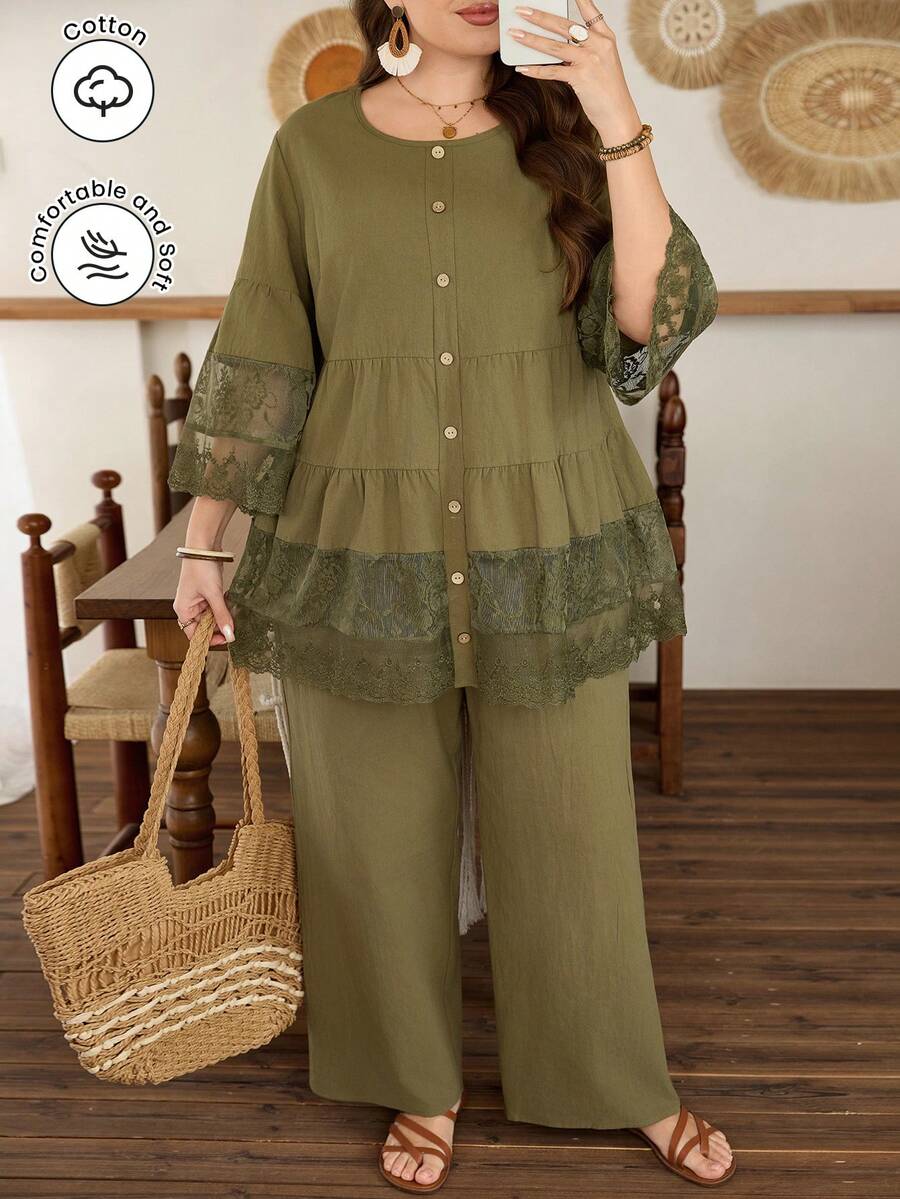 Lacomfia Plus Size Women's Lace Trim Patchwork Blouse Top,Army Green,Summer,Country,Tropical,Tea Party, Al-Adha,Round Neck Long Sleeve Button Front Outfits - Army Green - View 1