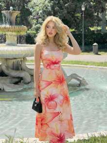 SHEIN MOD 腰部褶皱印花飘逸连衣裙 - 彩色 - 查看 2