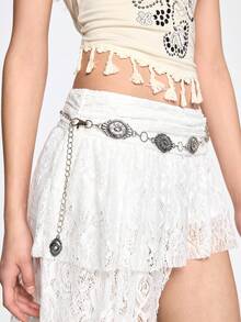 ROMWE Goth 1-Piece Women's Ancient Gold Ancient Silver New Striped Embossed Pattern Decoration Bohemian Western Style Single-Layer Waist Chain Dress Jeans Accessories Daily Versatile - Silver Rhombus Accessories - View 4