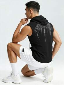 Manfinity Sport PWRUP 男士极简印花无袖连帽背心 - 黑色 - 查看 2