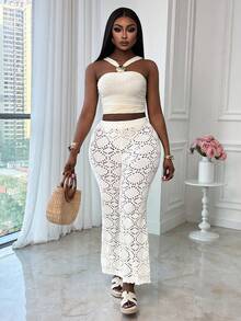 Xyvia Women's Sexy Hollow Floral Knit Pants - Beige - View 1