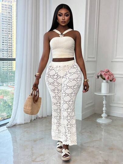 Xyvia Women's Sexy Hollow Floral Knit Pants