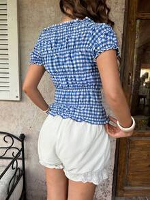 MainGRL 2026SS 蓝白格子可爱乡村假日音乐节女式衬衫 - 藍色 - 查看 2