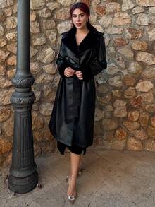 Bearsaez 女士休闲长款蓬松 PU 皮革拼接风衣，秋季 - 黑色 - 查看 1