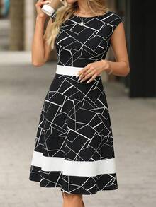 Editum Đầm midi nữ có mũ, tay ngắn, cổ tròn, eo thon, chất liệu chun co giãn, họa tiết hình học, thích hợp mặc đi làm, mùa xuân/hè. - Đen và trắng - Xem 3