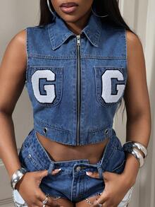 BamGleam Áo khoác denim không tay thêu chữ dành cho nữ - Rửa nhẹ - Xem 6