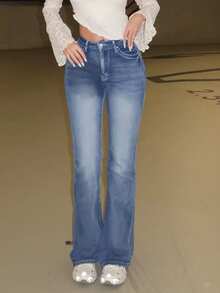 Turnttoni Rhinestone Wing Embroidered Flared Leg Skinny Casual Low Waist Jeans - Blue - View 3