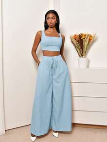 Mima John 2件春夏假期休闲鱼骨肩带短款上衣和阔腿裤带口袋套装 - B，纹理面料 - 藍色 - 查看 3