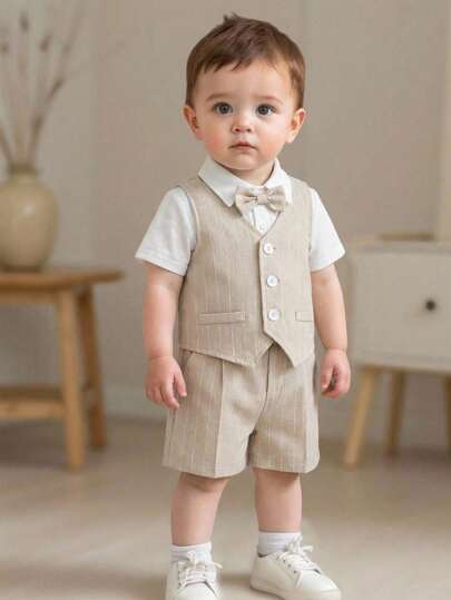 LMoss Kids 三件套男/女婴绅士西装套装：白色短袖衬衫、马甲和短裤/长裤。优雅的春夏装扮，适合生日派对、洗礼、周岁生日、庆典、婚礼等场合。