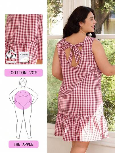 Solflare Vestido casual nuevo para primavera/verano 2026, adecuado para salidas, uso diario, fiestas, festivales de música, regreso a la escuela, graduación, vacaciones, Año Nuevo, ir al trabajo, ropa de calle. Vestido sin mangas con decoración de lazo en la espalda, a cuadros rojos y blancos, volantes en el bajo, corto, corte holgado, tallas grandes