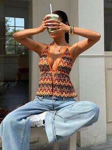 Muchica Knitted Halter Neck Tank Top For Women - Multicolor - View 4