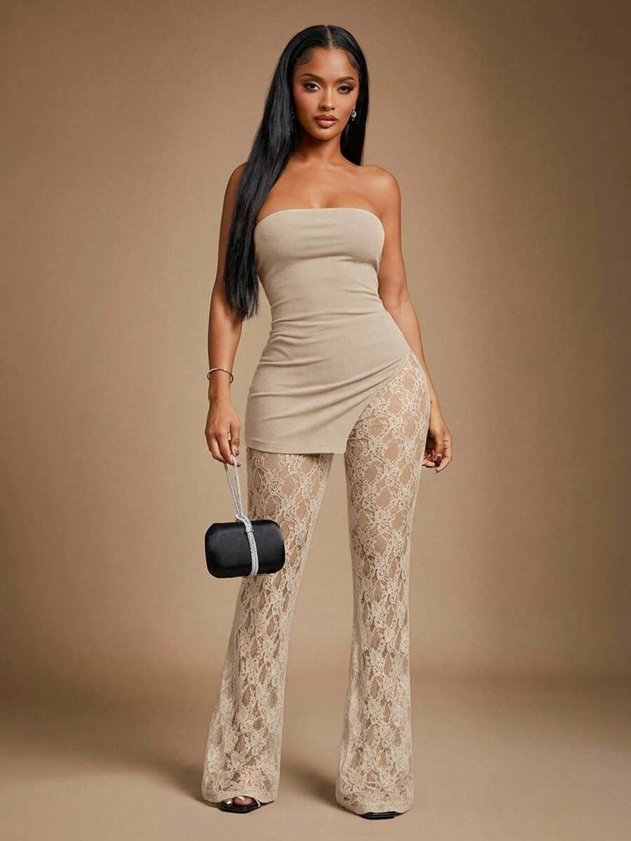 Radiana 女士性感优雅黑色蕾丝两件套，包含加厚罗纹抹胸上衣和蕾丝喇叭裤，高弹面料贴合身形，适合约会、聚会、派对、夜店等场合。 - 杏色 - 查看 1