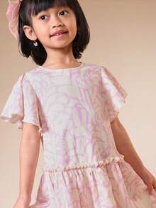 SUMWON Girls Flutter Sleeve Dress With Ruffle Hem Drop Waist AOP Abstract Pattern Mini Length - Multicolor - View 3