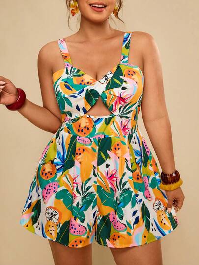 Travachic Plus Size Summer Vacation Plant Print Hollow Out Jumpsuit